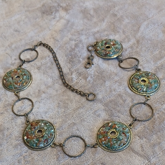 Retro Goldtone Chain Belt With Circles of Inlaid Stones In Sage, Tan & Brown - Picture 1 of 8